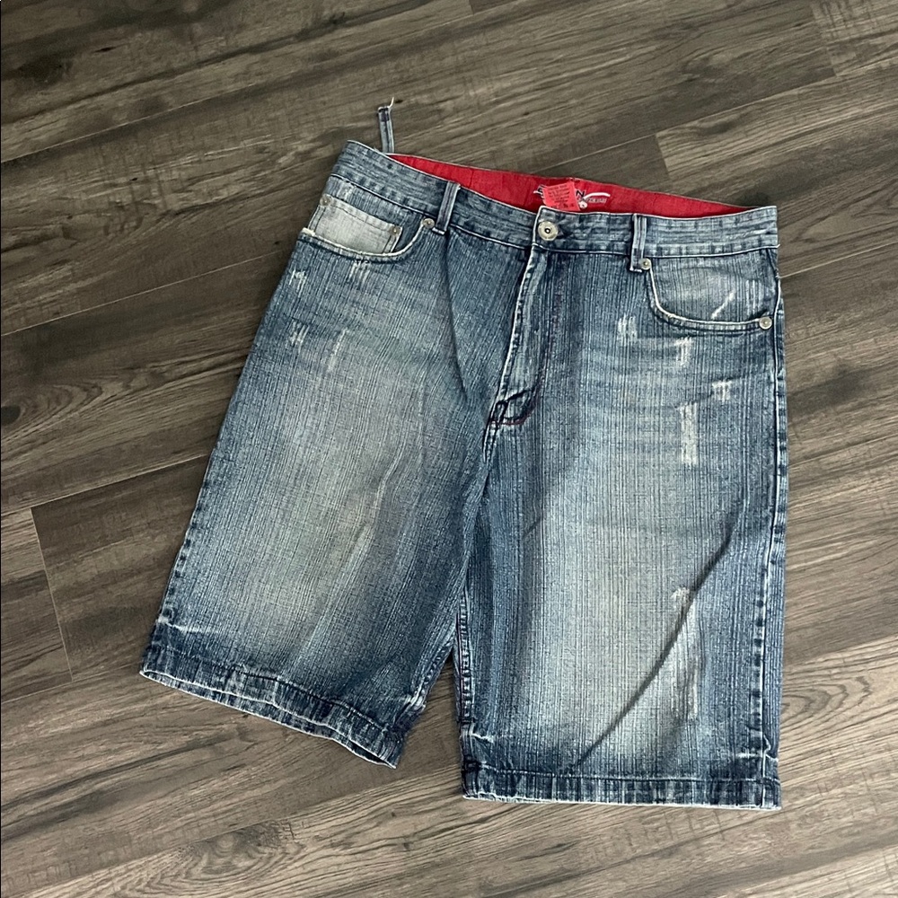 Express Blue Jean Shorts with Red Accents